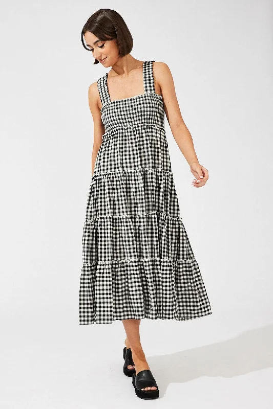 Clothing Woman Black Check Maxi Dress Shirred Bust Tiered