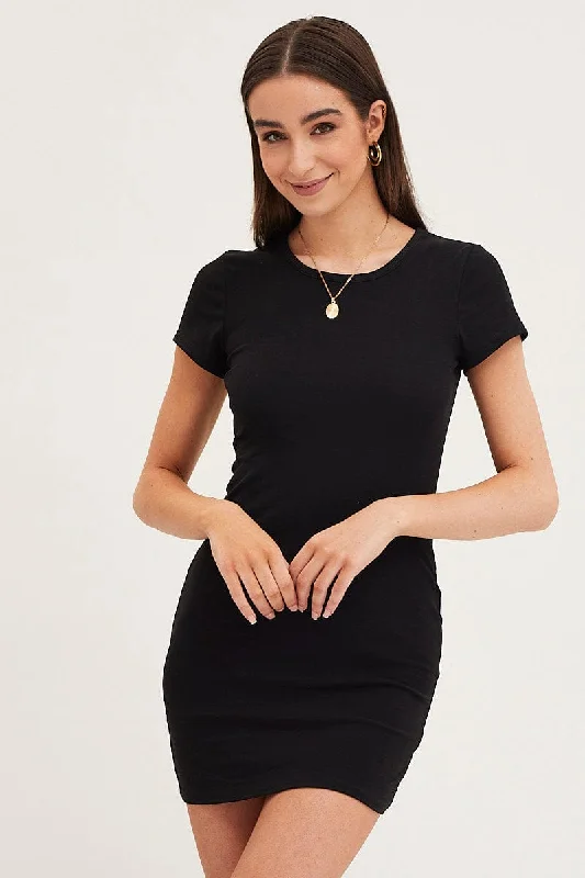 Women's Seasonal Attire Black Dress Short Sleeve Crew Neck