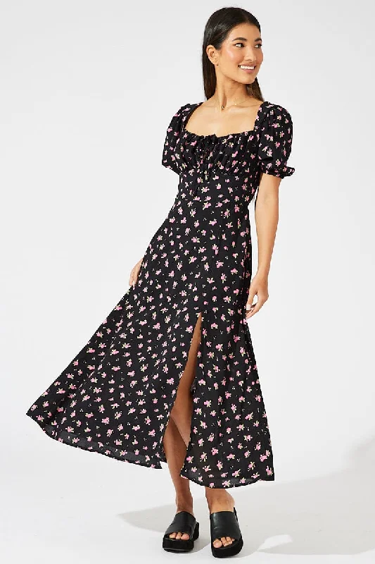 Casual Women's Clothing Online Black Floral Midi Dress Puff Sleeve Midi