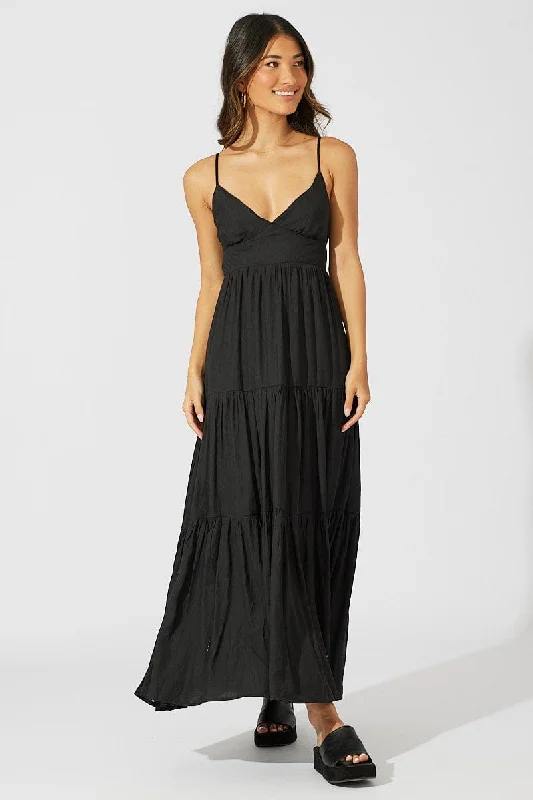 Women's High Street Fashion Black Maxi Dress Tiered Sleeveless