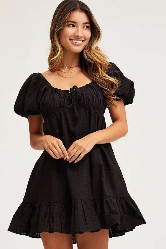 Women's Comfortable Apparel Black Skater Dress Short Sleeve Mini