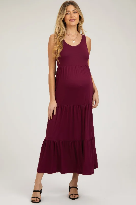 Contemporary Women's Clothing Burgundy Sleeveless Scoop Back Tiered Maternity Maxi Dress