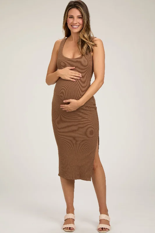 Women's Outerwear Garments Camel Ribbed Knit Sleeveless Side Slit Maternity Dress