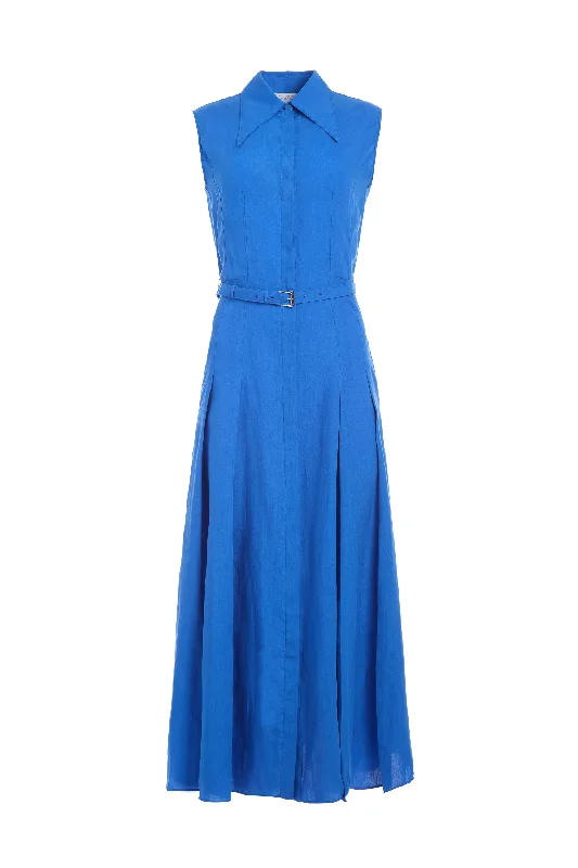 Women's Vintage Clothes Durand Pleated Maxi Shirtdress in Sapphire Aloe Linen