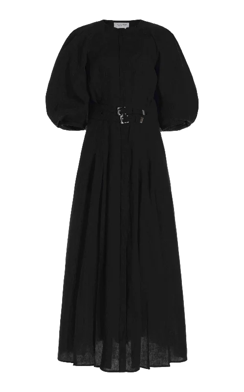 Women's Formal Clothes Elea Pleated Maxi Dress in Black Aloe Linen