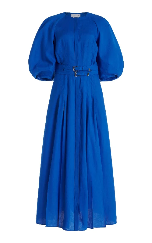 Women's Party Clothes Elea Pleated Maxi Dress in Sapphire Aloe Linen