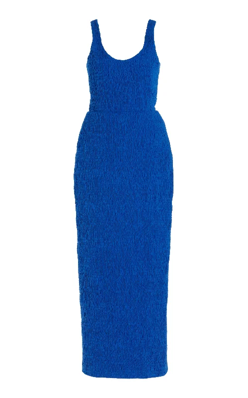 Women's Comfortable Clothes For Weekends Girard Shirred Maxi Dress in Sapphire Aloe Linen