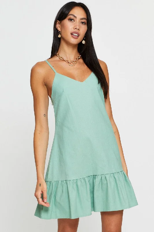 Casual Garments For Women Green A Line Dress Mini V Neck