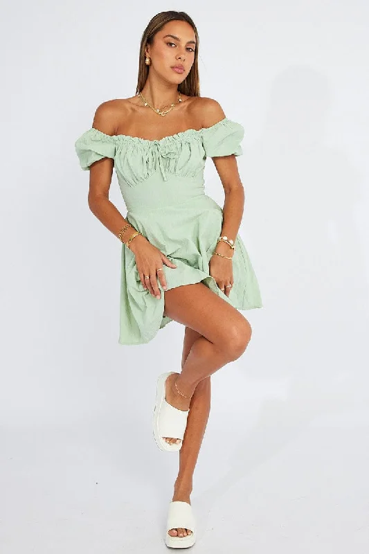 Women's Casual Wear Clothing Green Fit And Flare Dress Puff Sleeve Mini