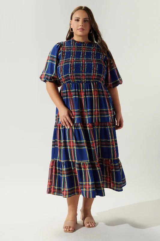 Unique Women's Fashion Pieces Lakeview Plaid Smocked Tiered Midi Dress Curve