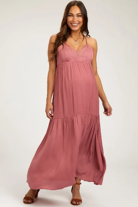 Women's Clothing for All Occasions Mauve Sleeveless Lace Tiered Maternity Maxi Dress