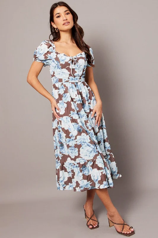 Women's Elegant Formal Outfit Multi Floral Maxi Dress Puff Sleeve