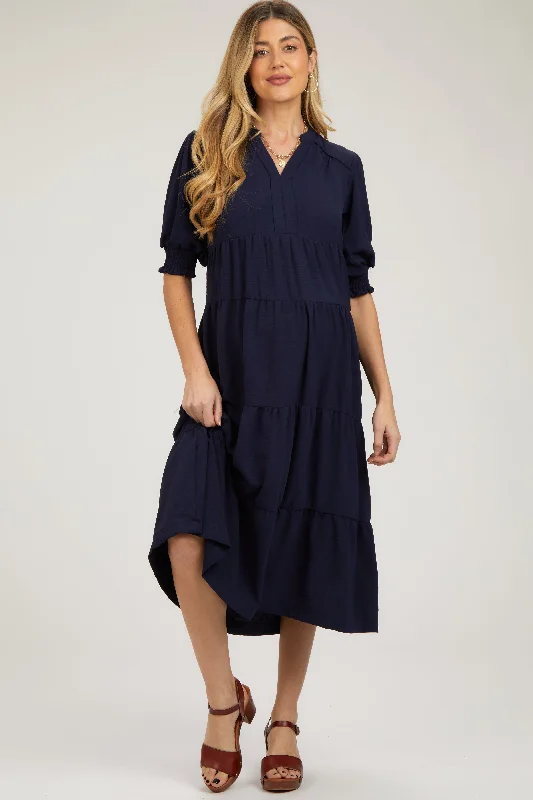 Casual Dresses for Women Navy Short Sleeve Tiered Maternity Midi Dress