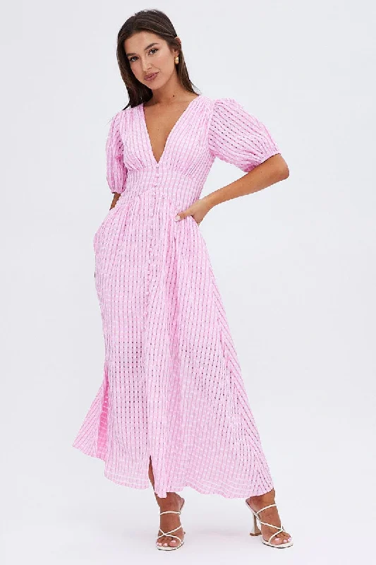 Stylish And Comfortable Clothing For Women Pink Check Midi Dress Puff Sleeve V-Neck