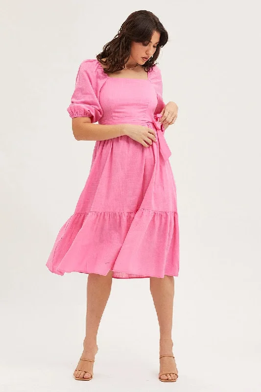 Women's Activewear for Exercise and Sports Pink Dress Puff Sleeve Maxi