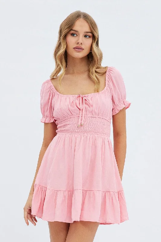 Women's Tailored Outfit Pink Fit And Flare Dress Short Sleeve Mini