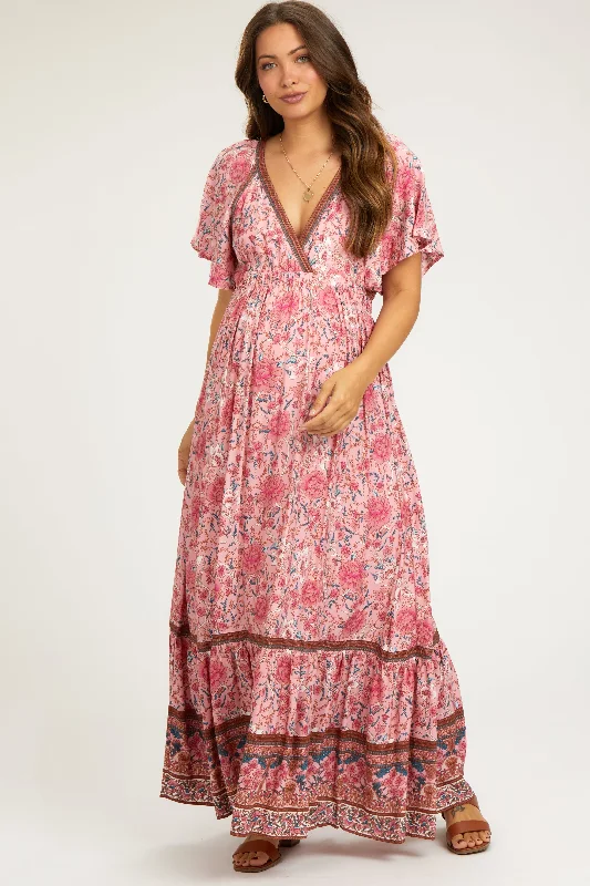 Stylish Clothes For Women Pink Floral Flounce Sleeve Maternity Maxi Dress