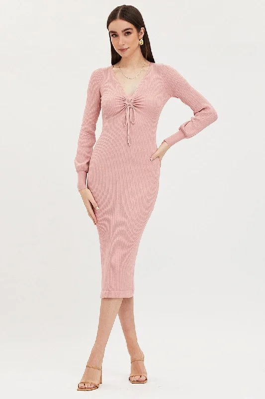 Women's High-Fashion Clothes Pink Knit Dress Evening Midi