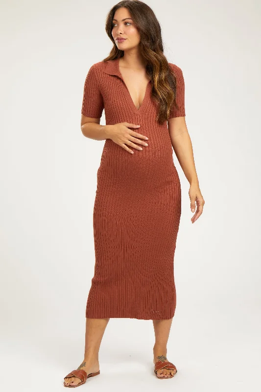 Women's Romantic Outfit Rust Ribbed Collared V-Neck Maternity Midi Dress