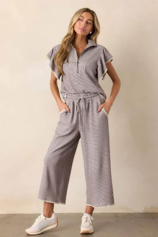 Women's Holiday Apparel Anytime Now Grey Blanket Stitch Wide Leg Pants