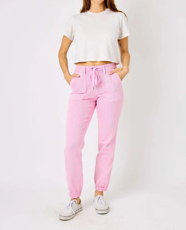 Clothing Brands High Waist Garmet Dyed Jogger Pants In Light Pink