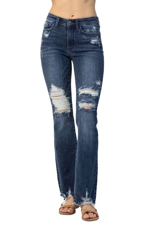 Trendy Women's Fashion Mid Rise Contrast Destroy Slim Bootcut Jean In Blue