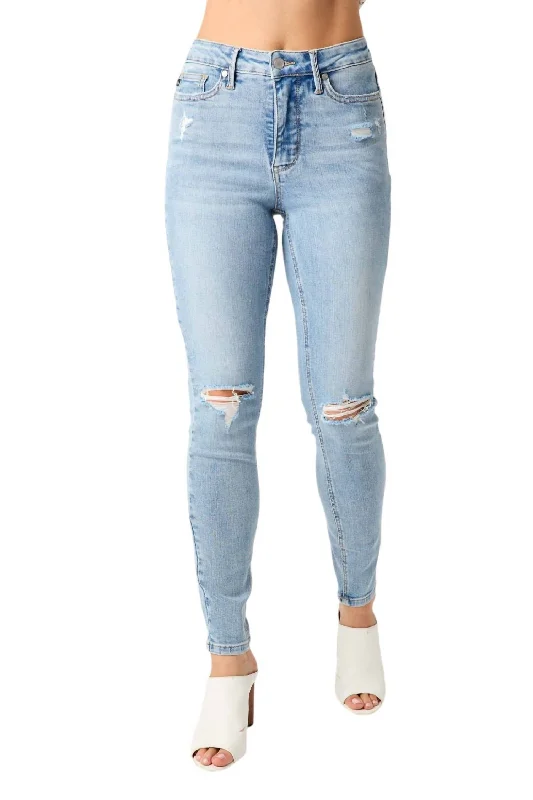 Woman Clothing Mid Rise Tummy Control Destroy Skinny Jean In Blue